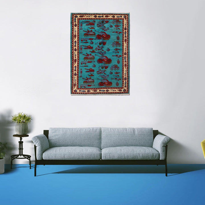 Blue Afghan War Rug 4' 2" x 5' 11" Hand-Knotted texture