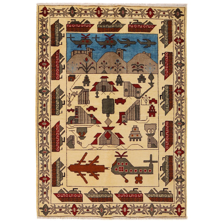 Beige Afghan War Carpet Rug 4' 2" x 6' 1" Hand-Knotted