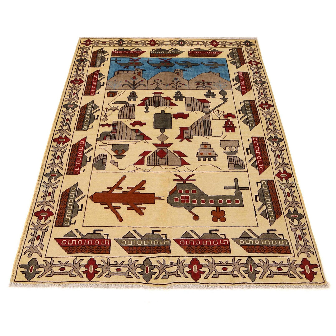 Beige Afghan War Carpet Rug 4' 2" x 6' 1" Hand-Knotted detail