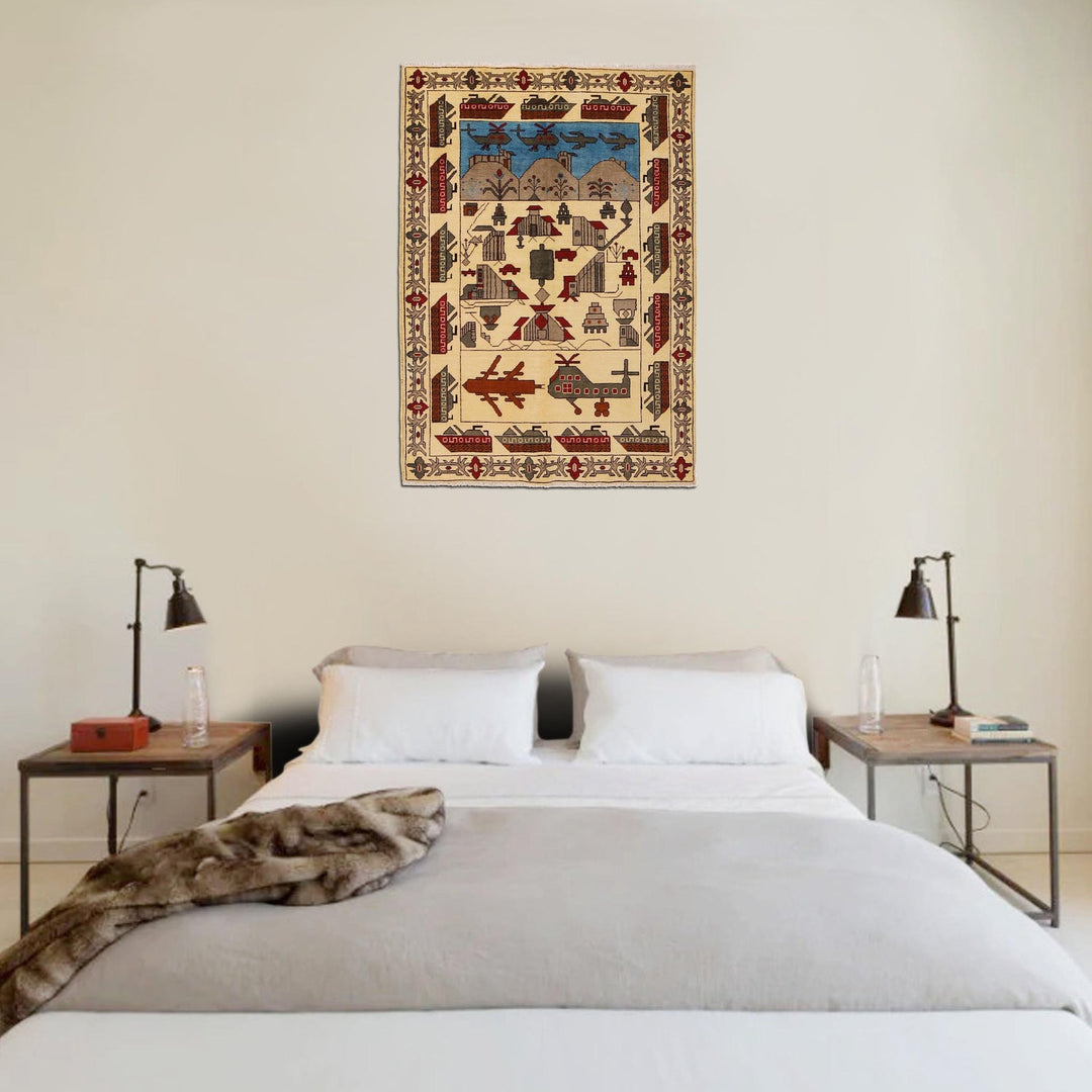 Beige Afghan War Carpet Rug 4' 2" x 6' 1" Hand-Knotted texture