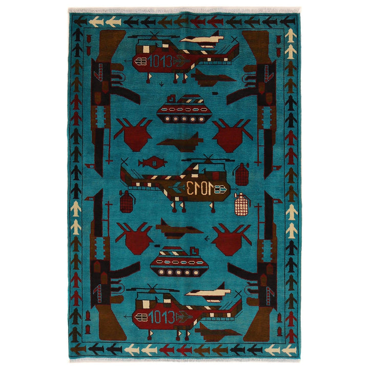 Blue Afghan War Rug 4' 1" x 6' 2" Hand-Knotted | No. AL75958
