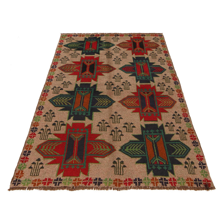 Beige Afghan Baluchi Rug 4' 2" x 6' 7" Hand-Knotted border