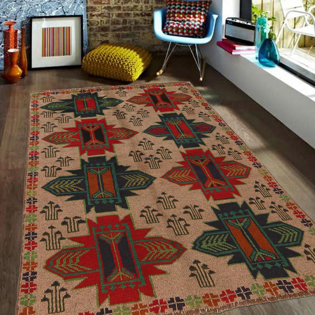 Beige Afghan Baluchi Rug 4' 2" x 6' 7" Hand-Knotted pattern