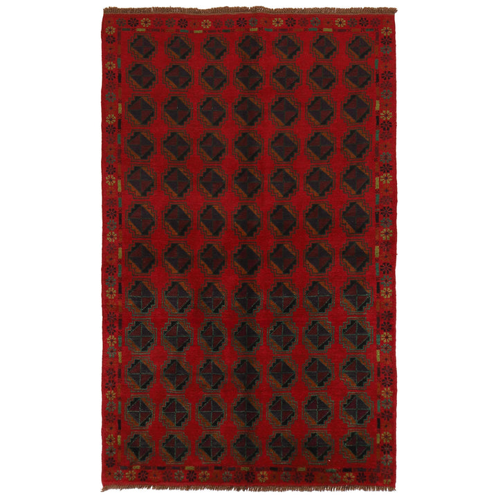 Red Afghan Baluchi Rug 4' 0" x 6' 7" Hand-Knotted