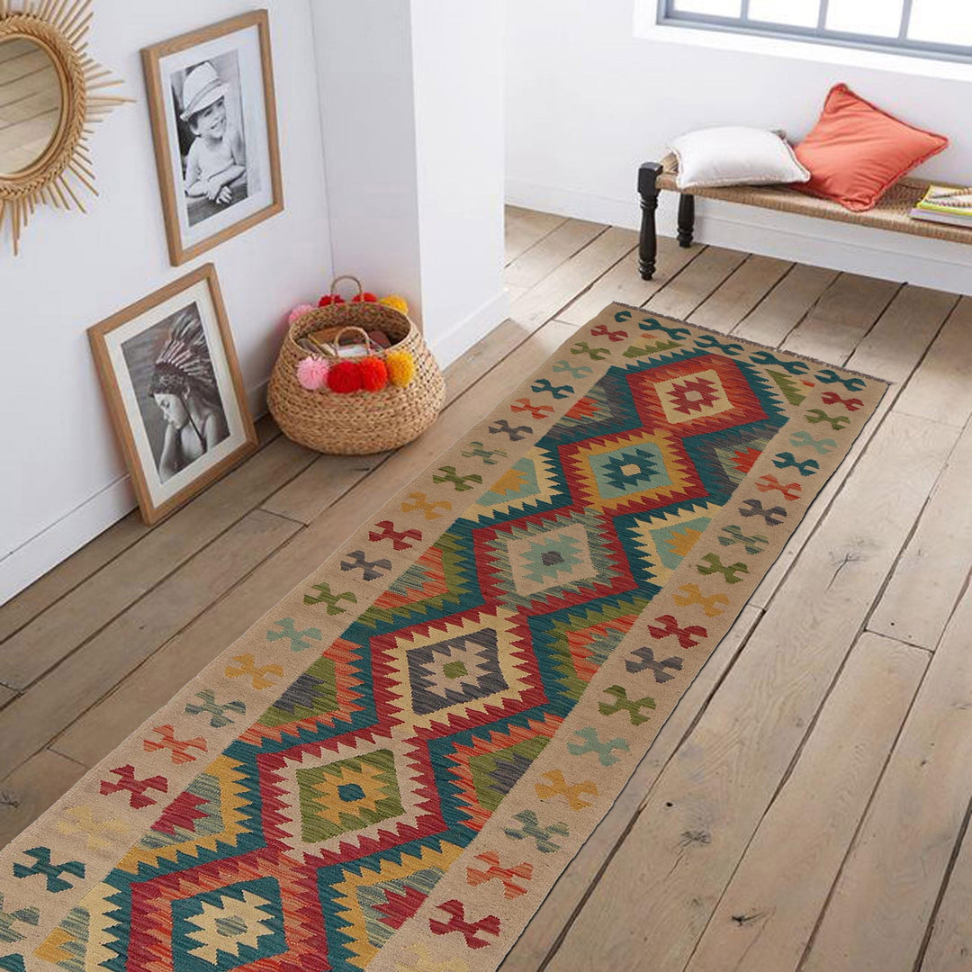 Hand Woven Wool Kelim Runner 2' 9" x 9' 9" - No. AL73198