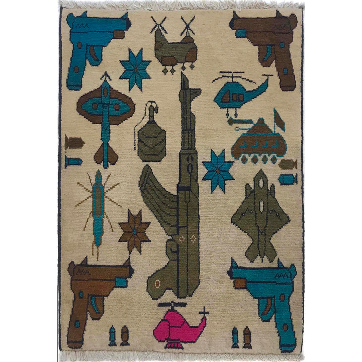 Beige Afghan War Rug 2' 0" x 2' 6" Hand-Knotted | No. AL92155