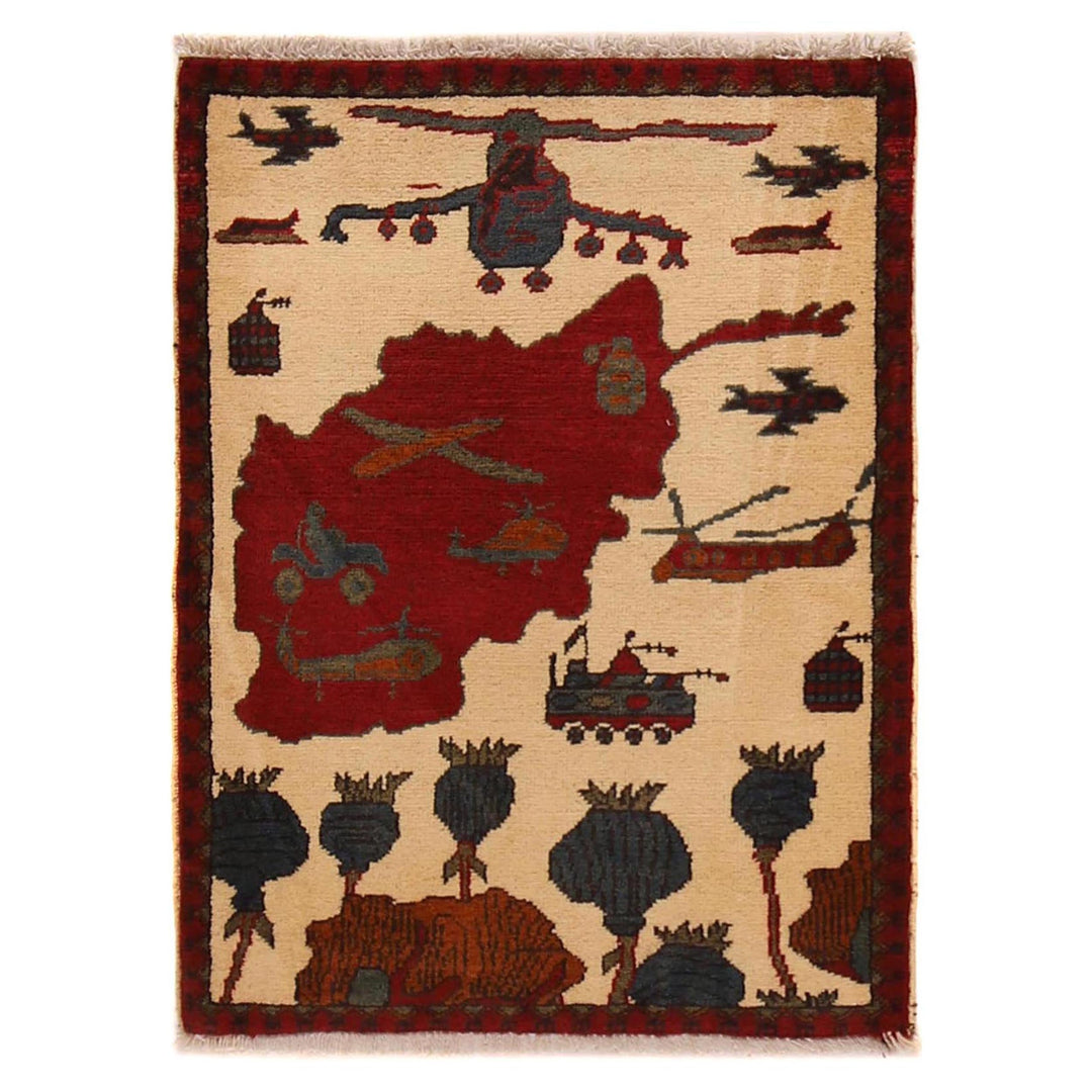 Beige Afghan War Carpet Rug 2' 2" x 2' 10" Hand-Knotted