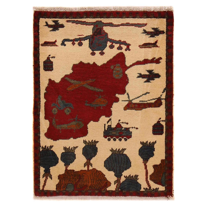 Beige Afghan War Carpet Rug 2' 2" x 2' 10" Hand-Knotted