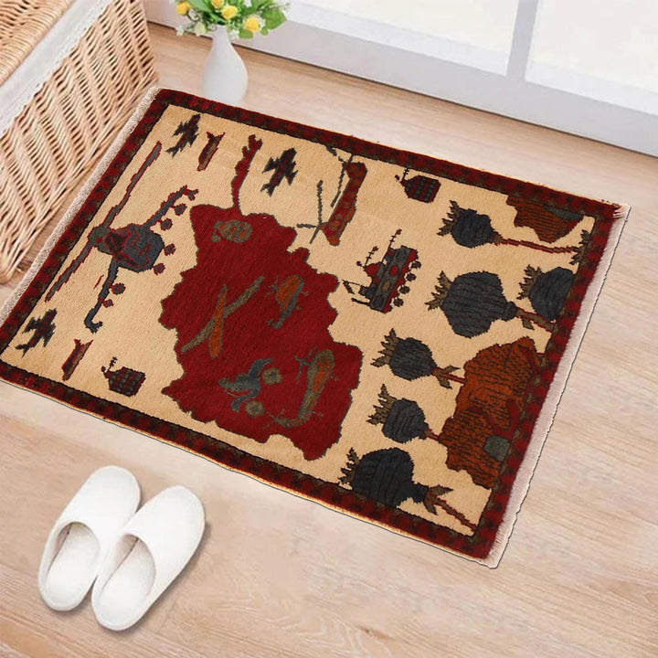 Beige Afghan War Carpet Rug 2' 2" x 2' 10" Hand-Knotted view