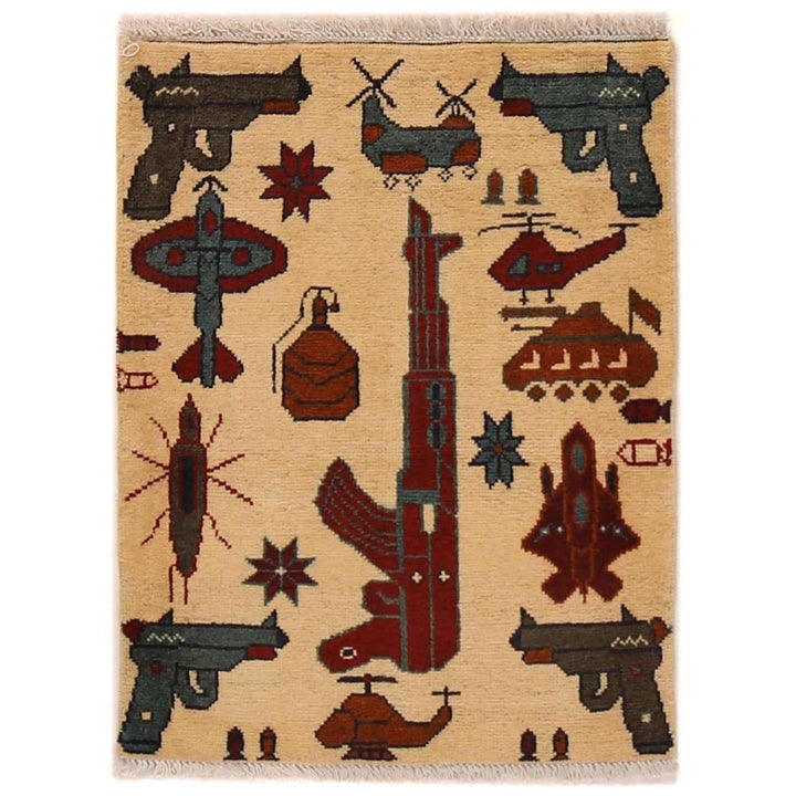 Beige Afghan War Rug 1' 11" x 2' 6" Hand-Knotted