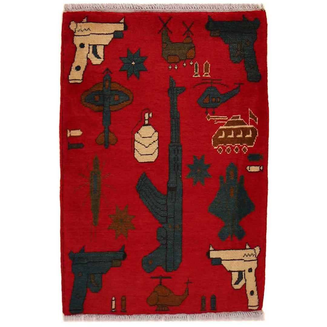 Red Afghan War Carpet 2' 0" x 2' 9" Hand-Knotted