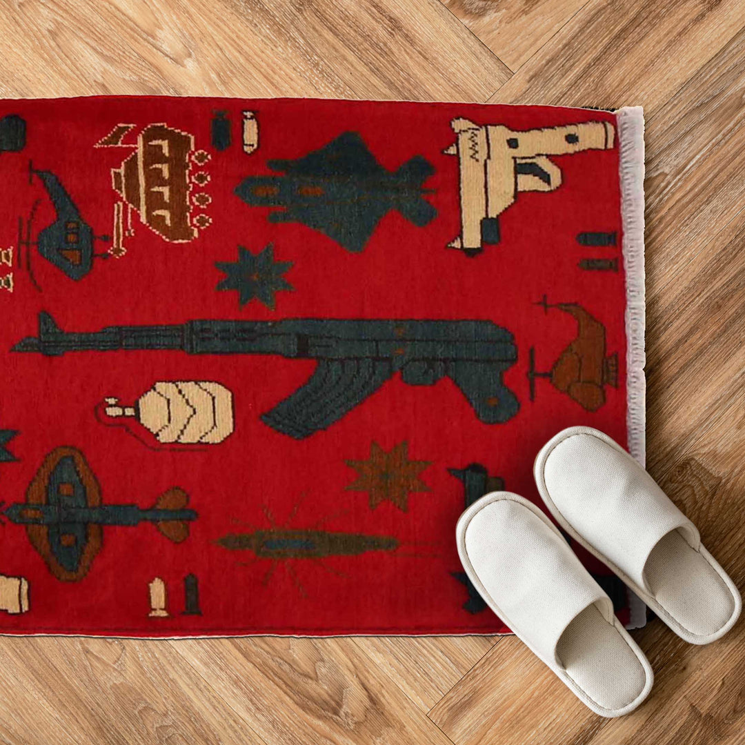 Red Afghan War Carpet 2' 0" x 2' 9" Hand-Knotted view