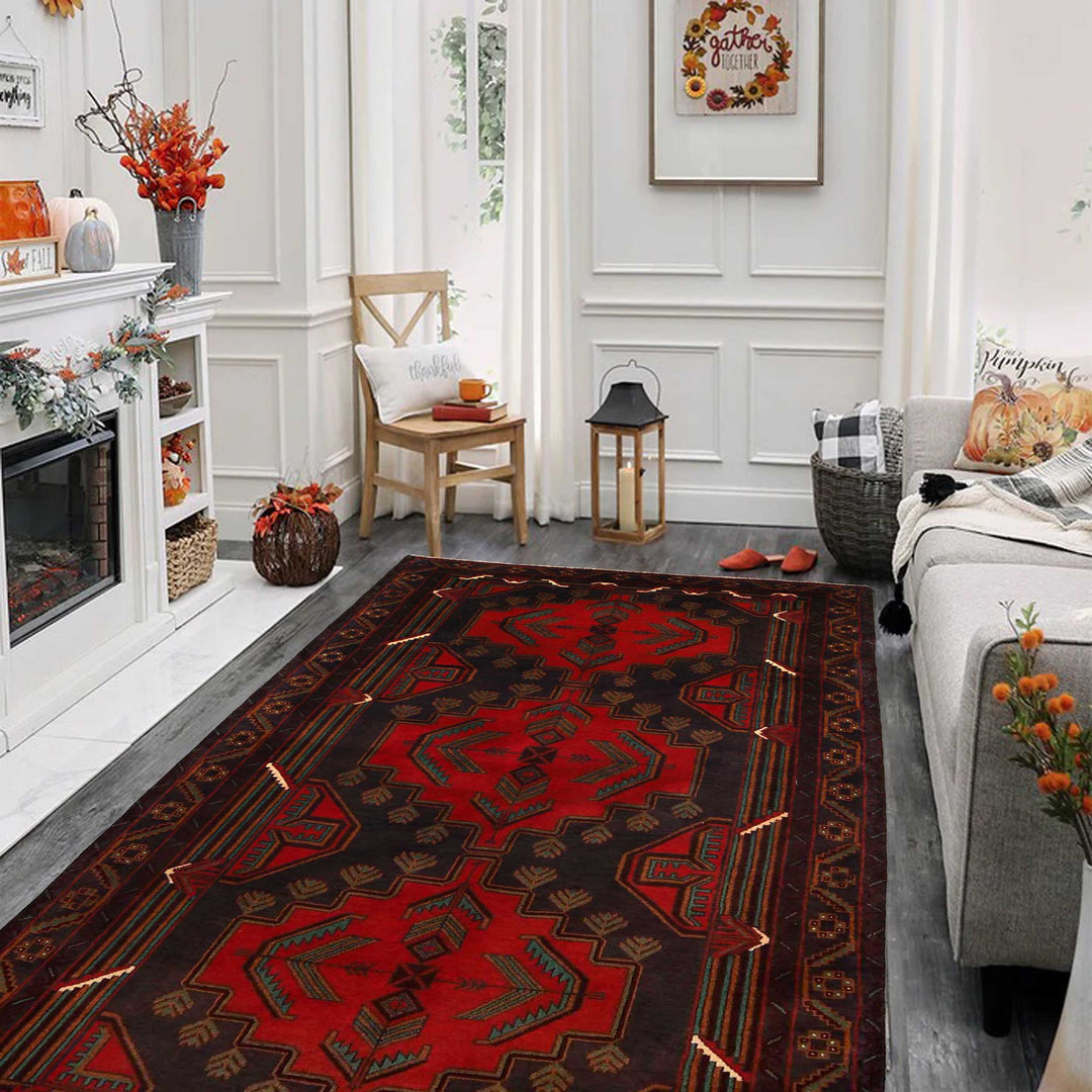 Red Afghan Baluchi Rug 3' 7" x 6' 9" Hand-Knotted view 9