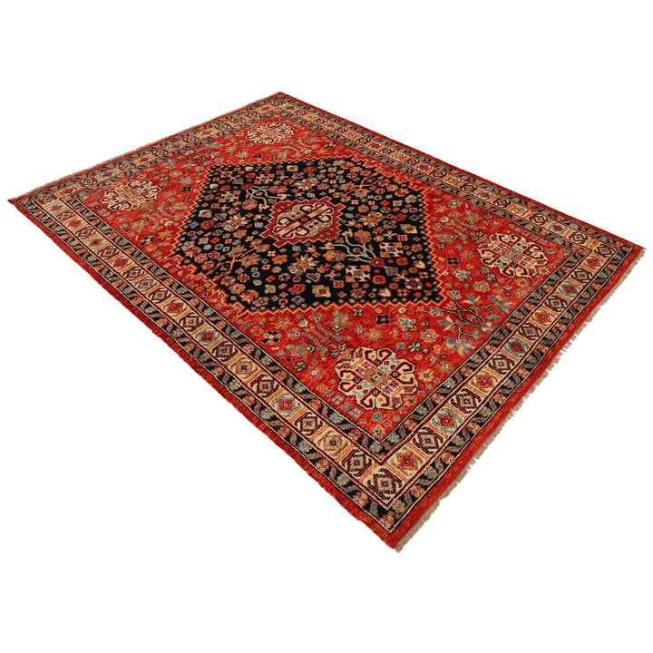 Red Afghan Shirazi Rug 6' 8" x 9' 8" Hand-Knotted close-up
