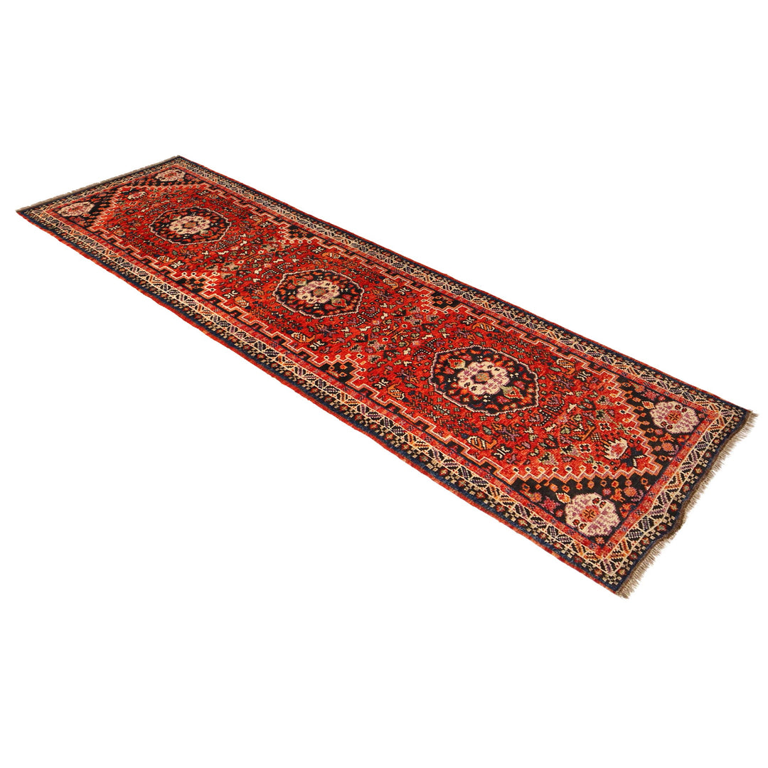 Red Afghan Shirazi Rug 2' 8" x 9' 5" Hand-Knotted close-up