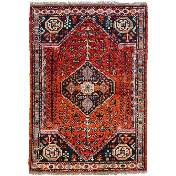 Red Afghan Shiraz Rug 3' 4" x 4' 11" Hand-Knotted