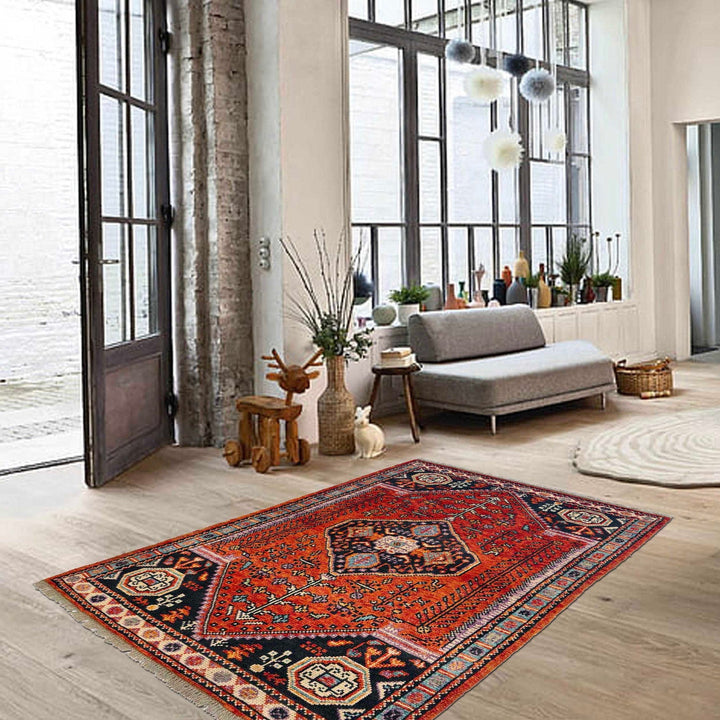 Red Afghan Shiraz Rug 3' 4" x 4' 11" Hand-Knotted view 9