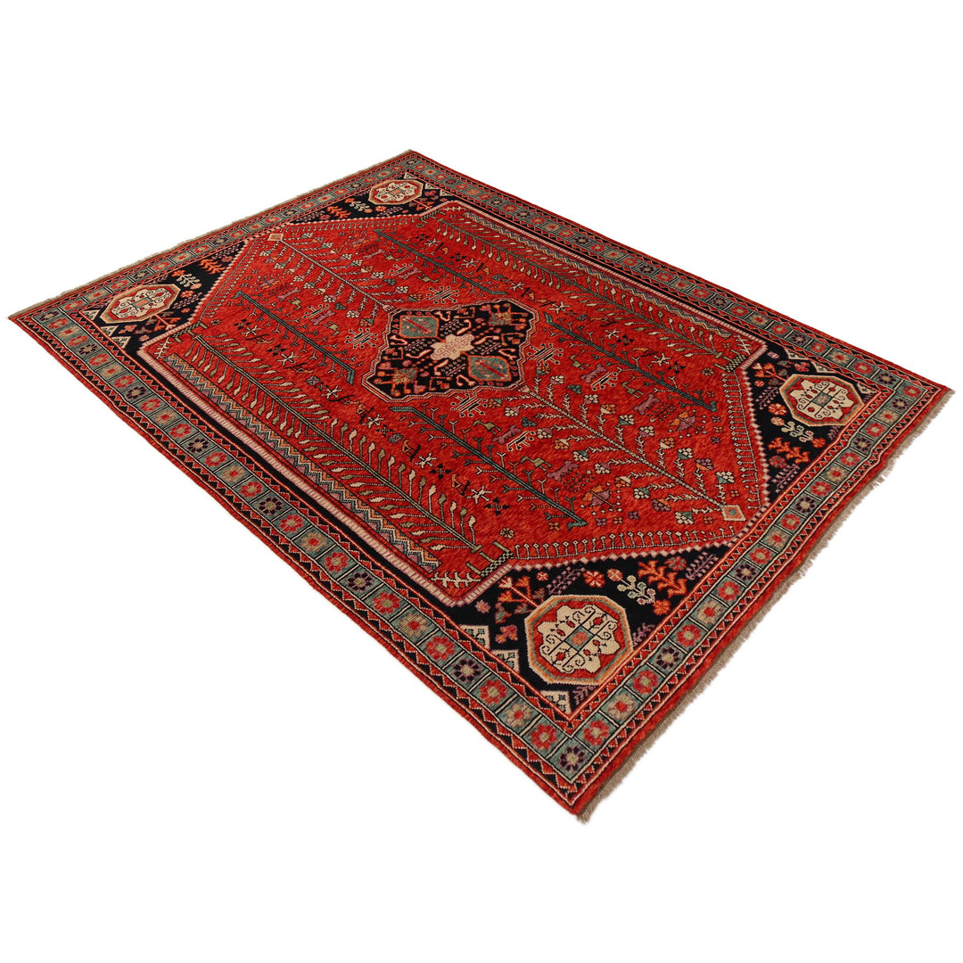 Red Afghan Shirazi Rug 7' 8" x 11' 4" Hand-Knotted close-up