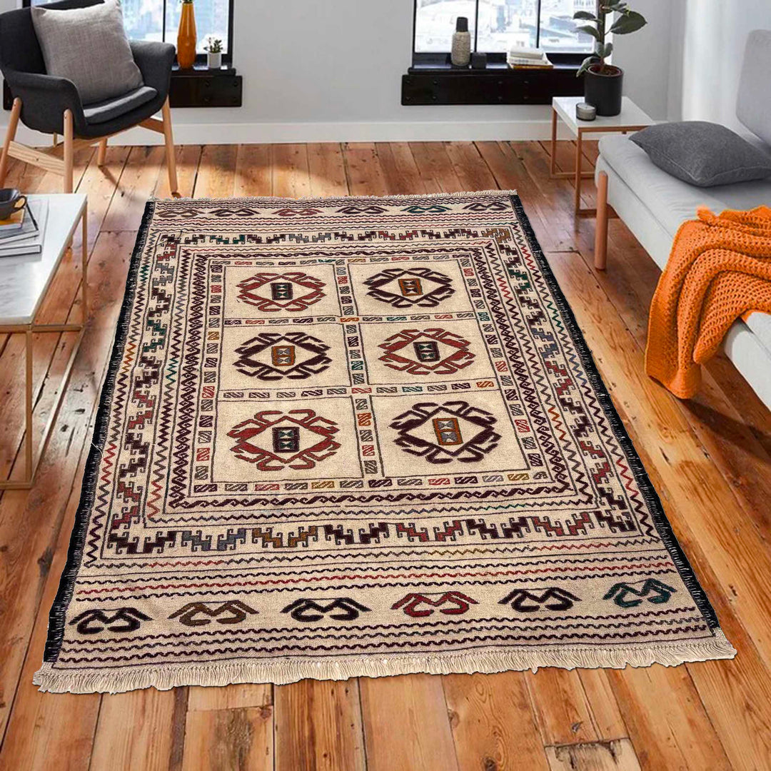 White Afghan Soumak Rug 4' 1" x 5' 9" Flat-Weave view 9