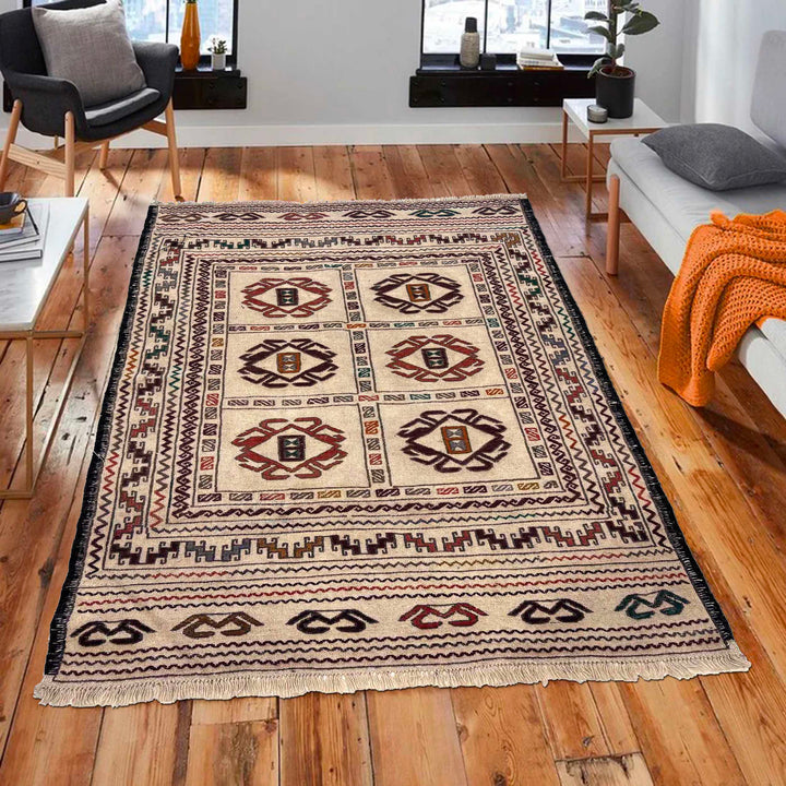 White Afghan Soumak Rug 4' 1" x 5' 9" Flat-Weave view 9