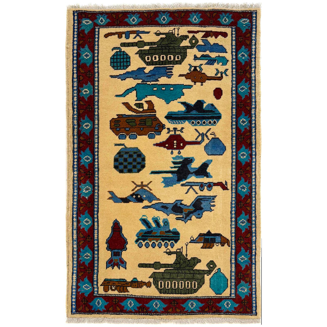 Beige Afghan War Rug 2' 9" x 4' 4" Hand-Knotted