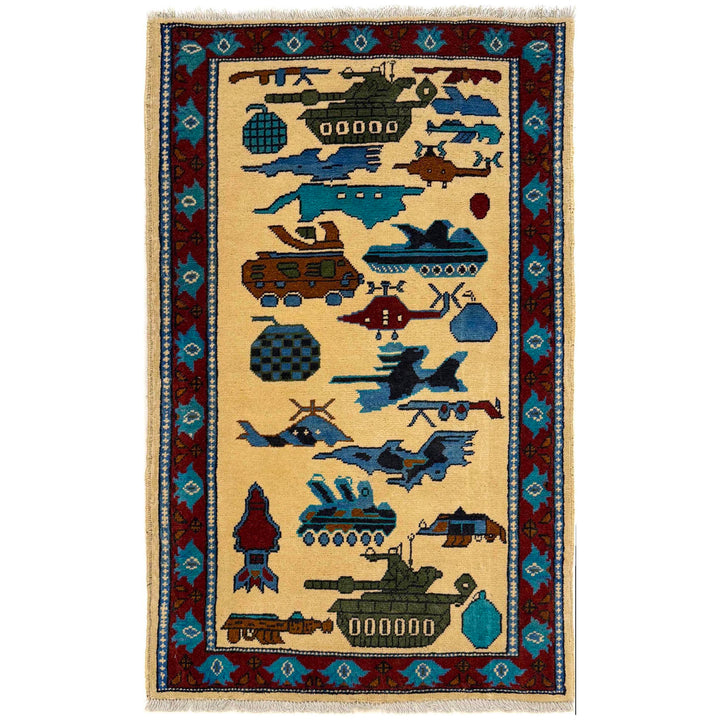 Beige Afghan War Rug 2' 9" x 4' 4" Hand-Knotted