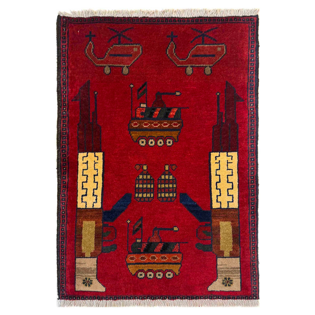 Red Afghan War Rug 2' 0" x 2' 11" Hand-Knotted