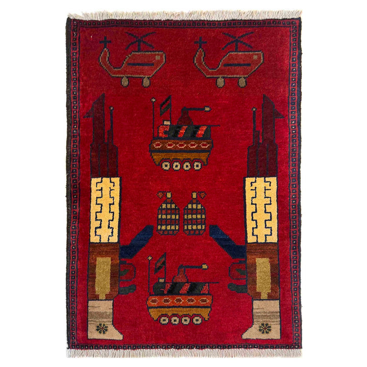 Red Afghan War Rug 2' 0" x 2' 11" Hand-Knotted