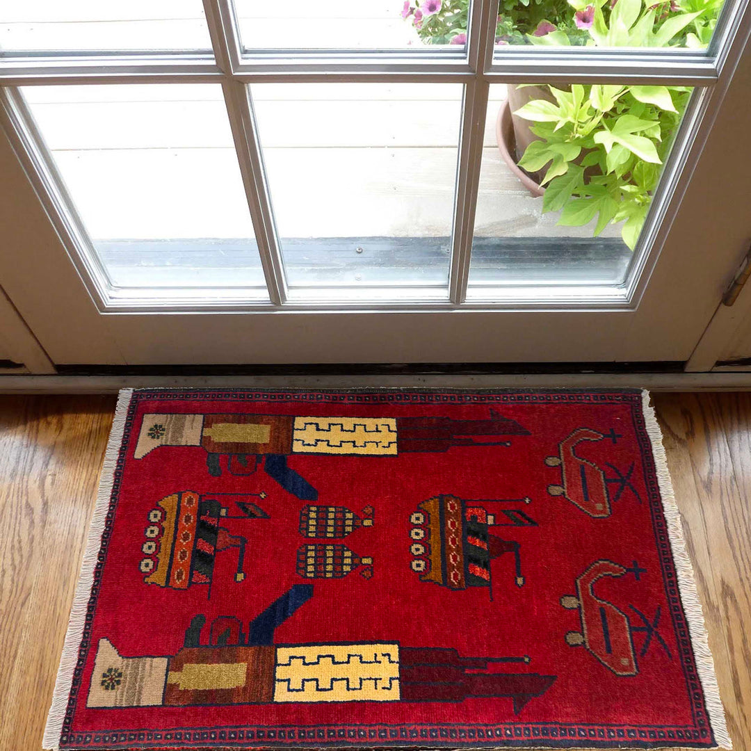 Red Afghan War Rug 2' 0" x 2' 11" Hand-Knotted view