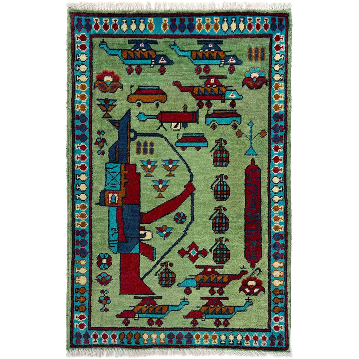 Green Afghan War Rug 2' 0" x 2' 11" Hand-Knotted