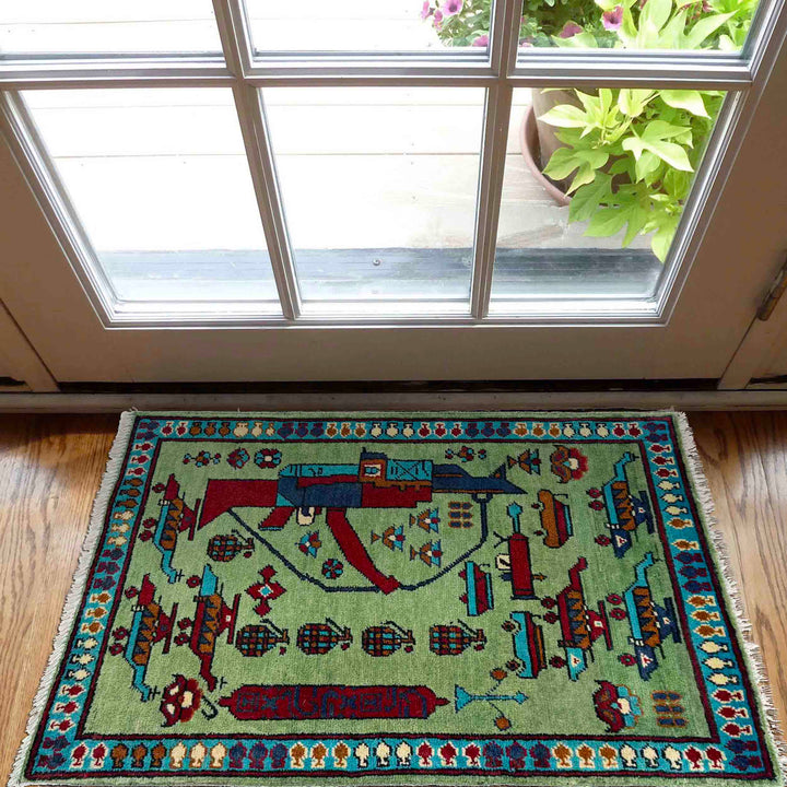 Green Afghan War Rug 2' 0" x 2' 11" Hand-Knotted view