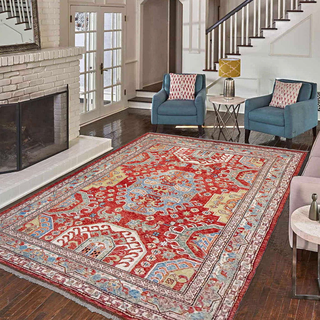 Red Afghan Heriz Rug 6' 9" x 9' 7" Hand-Knotted | No. AL43726