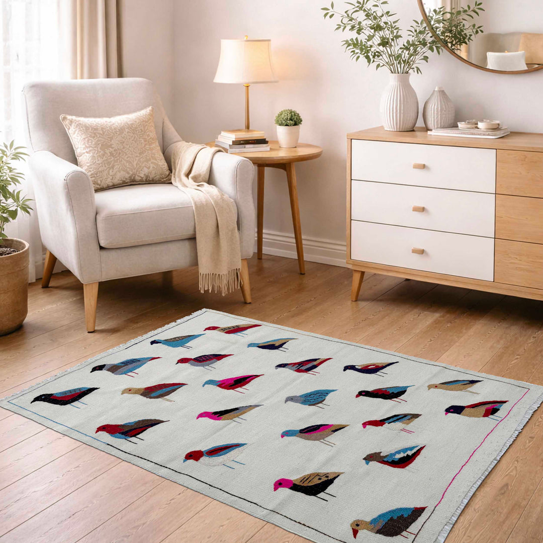 Beige Pakistani Embroidery Kilim Rug 3' 2" x 5' 0" Flat-Weave | No. AL55940