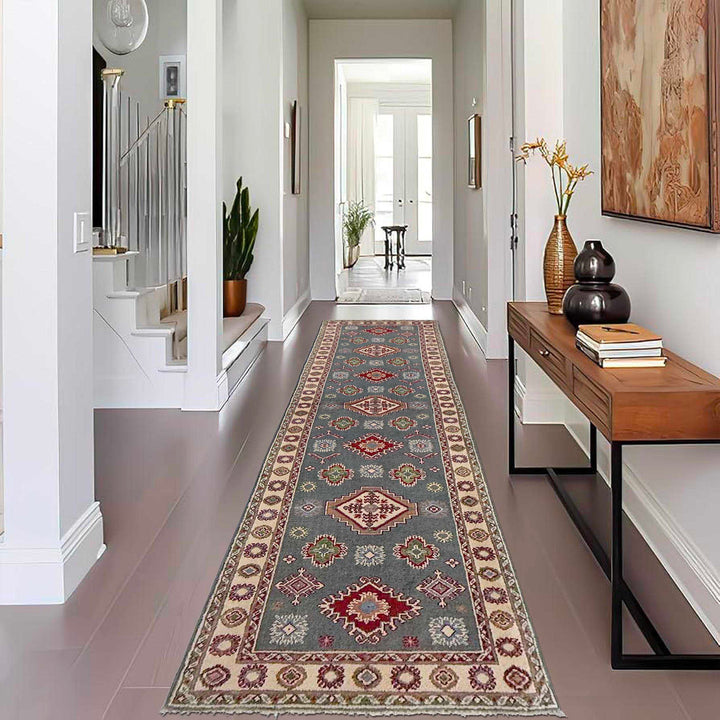 Gray Afghan Kazak Rug 2' 6" x 9' 9" Hand-Knotted reverse