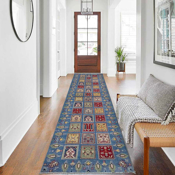 Blue Afghan Bakhtiar Runner Rug 2' 8" x 9' 8" Hand-Knotted reverse