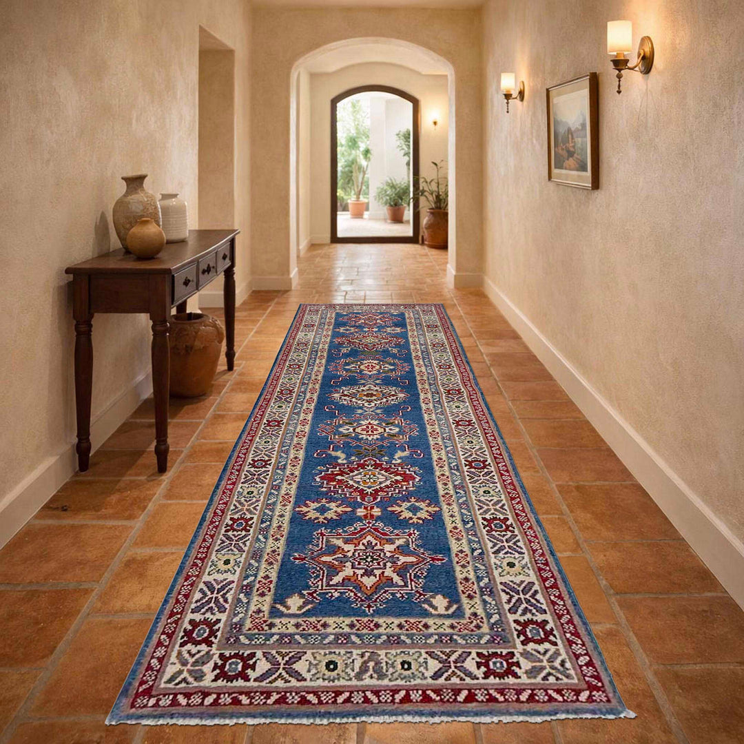 Blue Afghan Kazak Rug 2' 7" x 9' 5" Hand-Knotted | No. AL25187