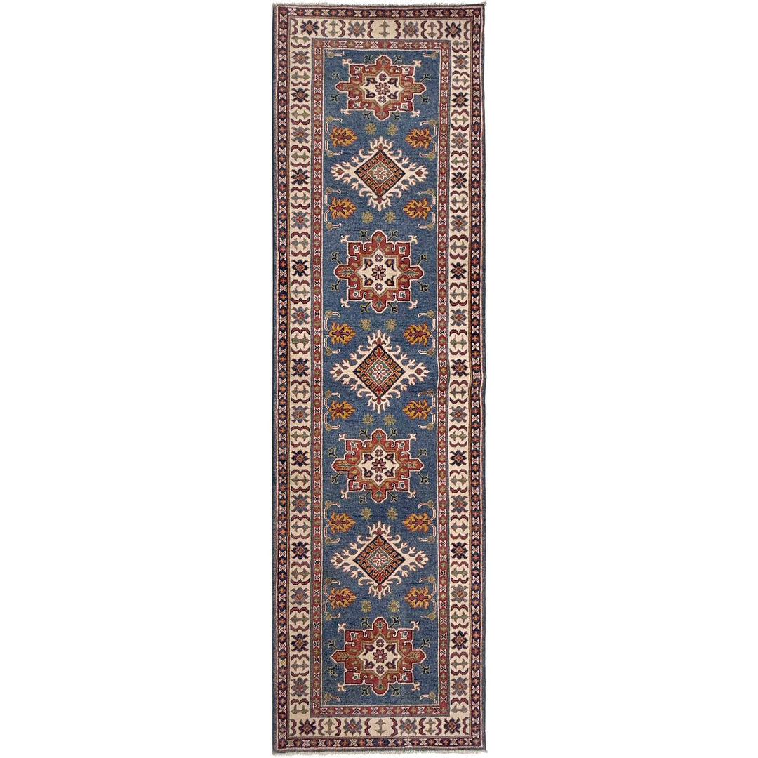 Blue Afghan Kazak Rug 2' 9" x 9' 7" Hand-Knotted