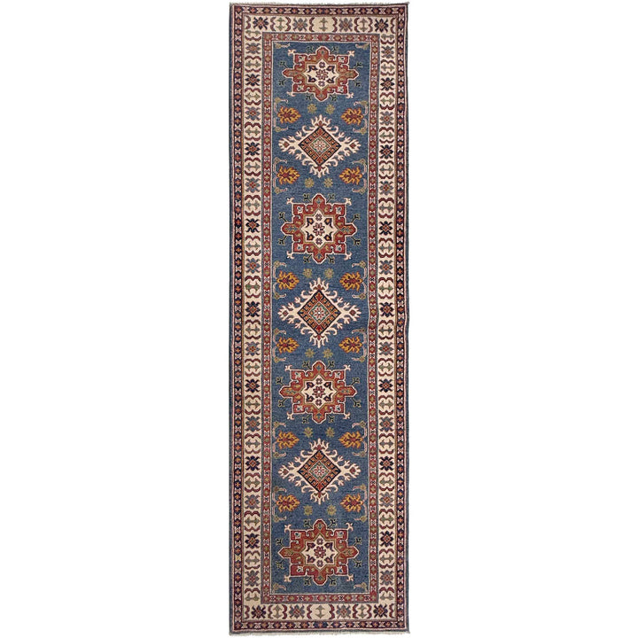 Blue Afghan Kazak Rug 2' 9" x 9' 7" Hand-Knotted