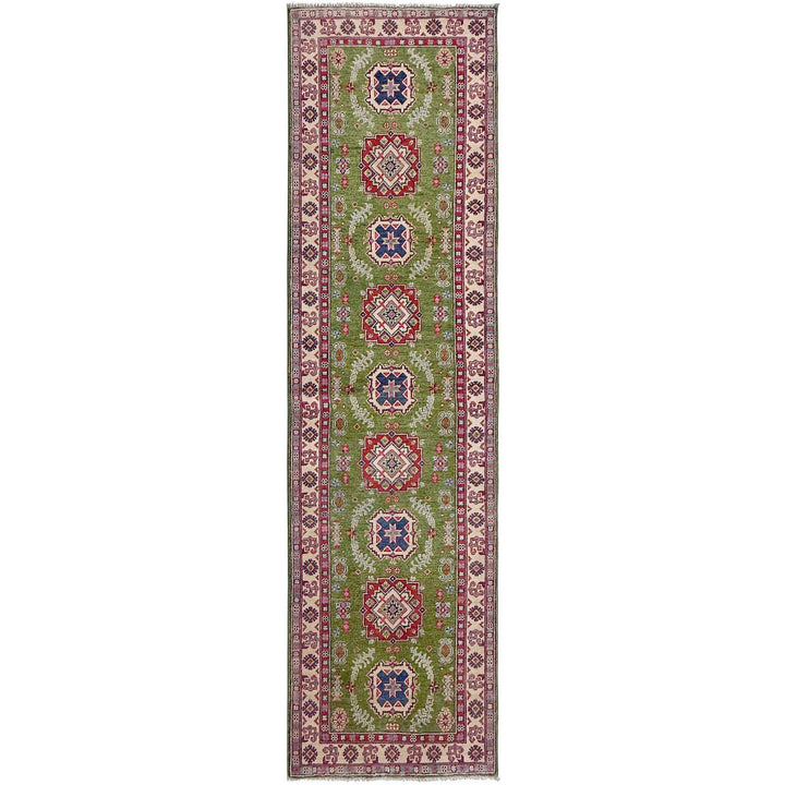 Green Afghan Kazak Rug 2' 8" x 9' 11" Hand-Knotted | No. AL98693