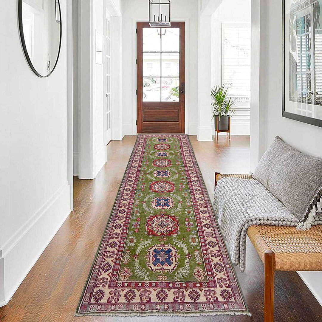 Green Afghan Kazak Rug 2' 8" x 9' 11" Hand-Knotted | No. AL98693