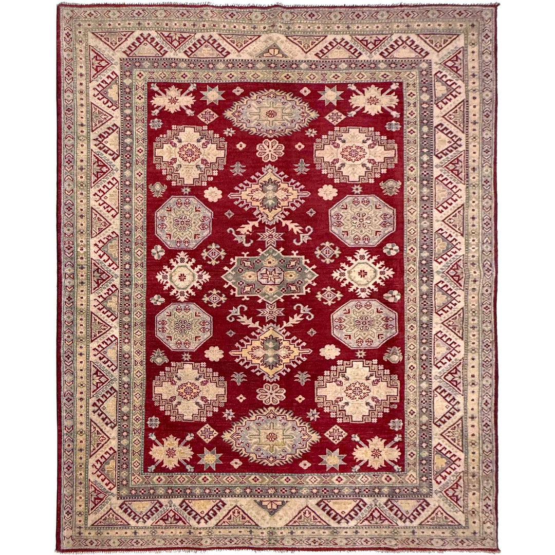 Red Afghan Kazak Rug 6' 8" x 9' 8" Hand-Knotted