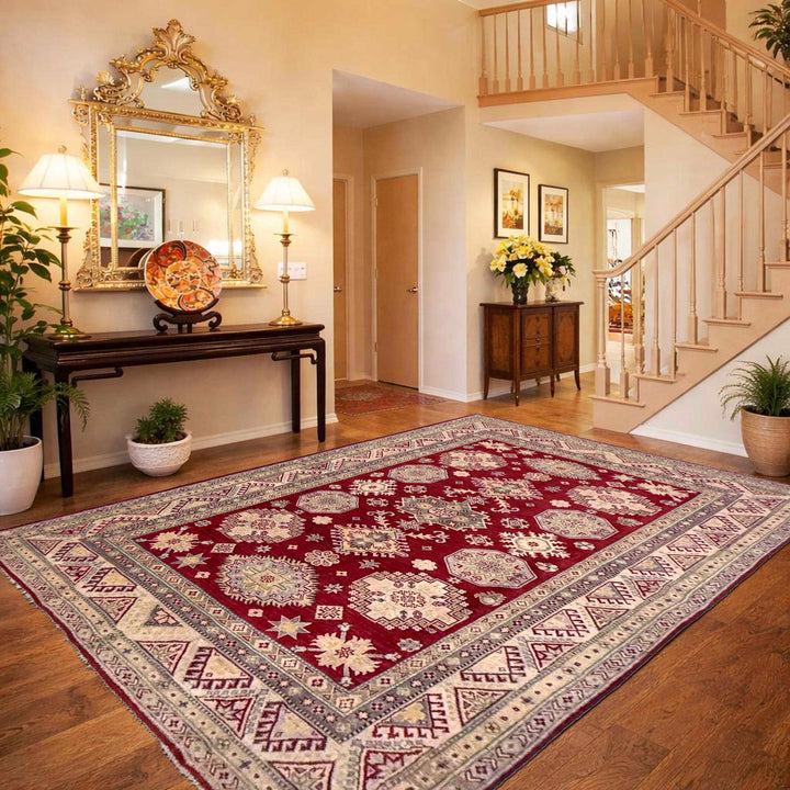 Red Afghan Kazak Rug 6' 8" x 9' 8" Hand-Knotted reverse
