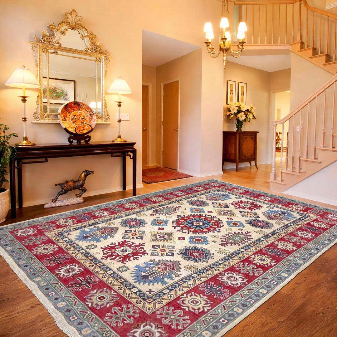 Beige Afghan Kazak Rug 6' 6" x 10' 0" Hand-Knotted | No. AL71456