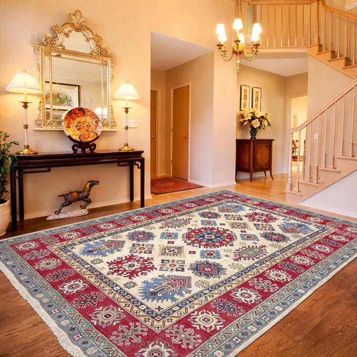 Beige Afghan Kazak Rug 6' 6" x 10' 0" Hand-Knotted | No. AL71456