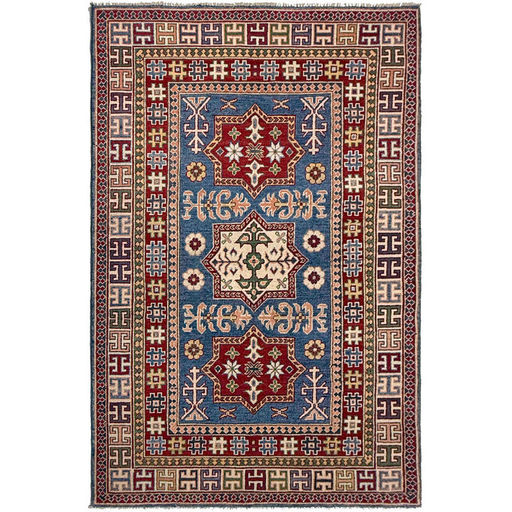 Blue Afghan Kazak Rug 4' 0" x 6' 6" Hand-Knotted | No. AL90694