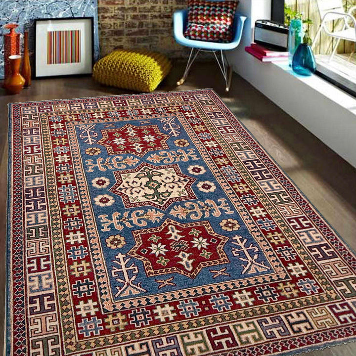 Blue Afghan Kazak Rug 4' 0" x 6' 6" Hand-Knotted | No. AL90694