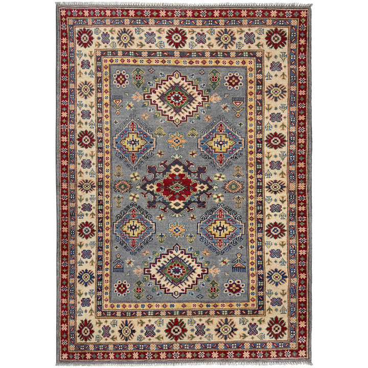 Gray Afghan Kazak Rug 4' 0" x 6' 1" Hand-Knotted