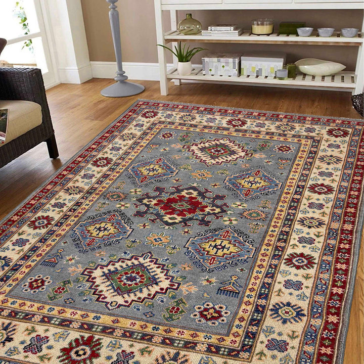 Gray Afghan Kazak Rug 4' 0" x 6' 1" Hand-Knotted reverse