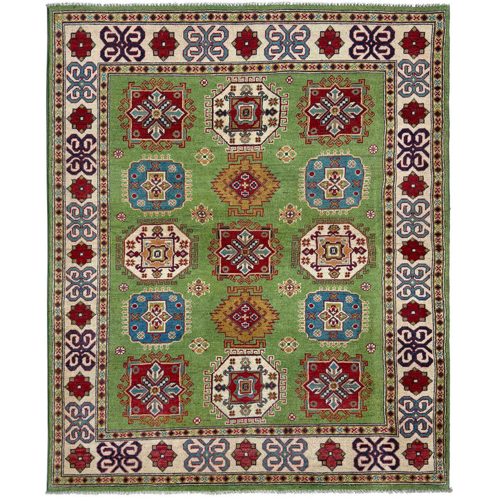 Green Afghan Kazak Rug 4' 11" x 6' 4" Hand-Knotted | No. AL84629