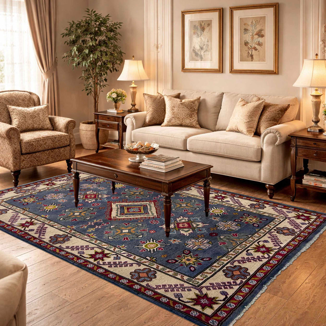 Blue Afghan Kazak Rug 4' 9" x 6' 11" Hand-Knotted | No. AL36770